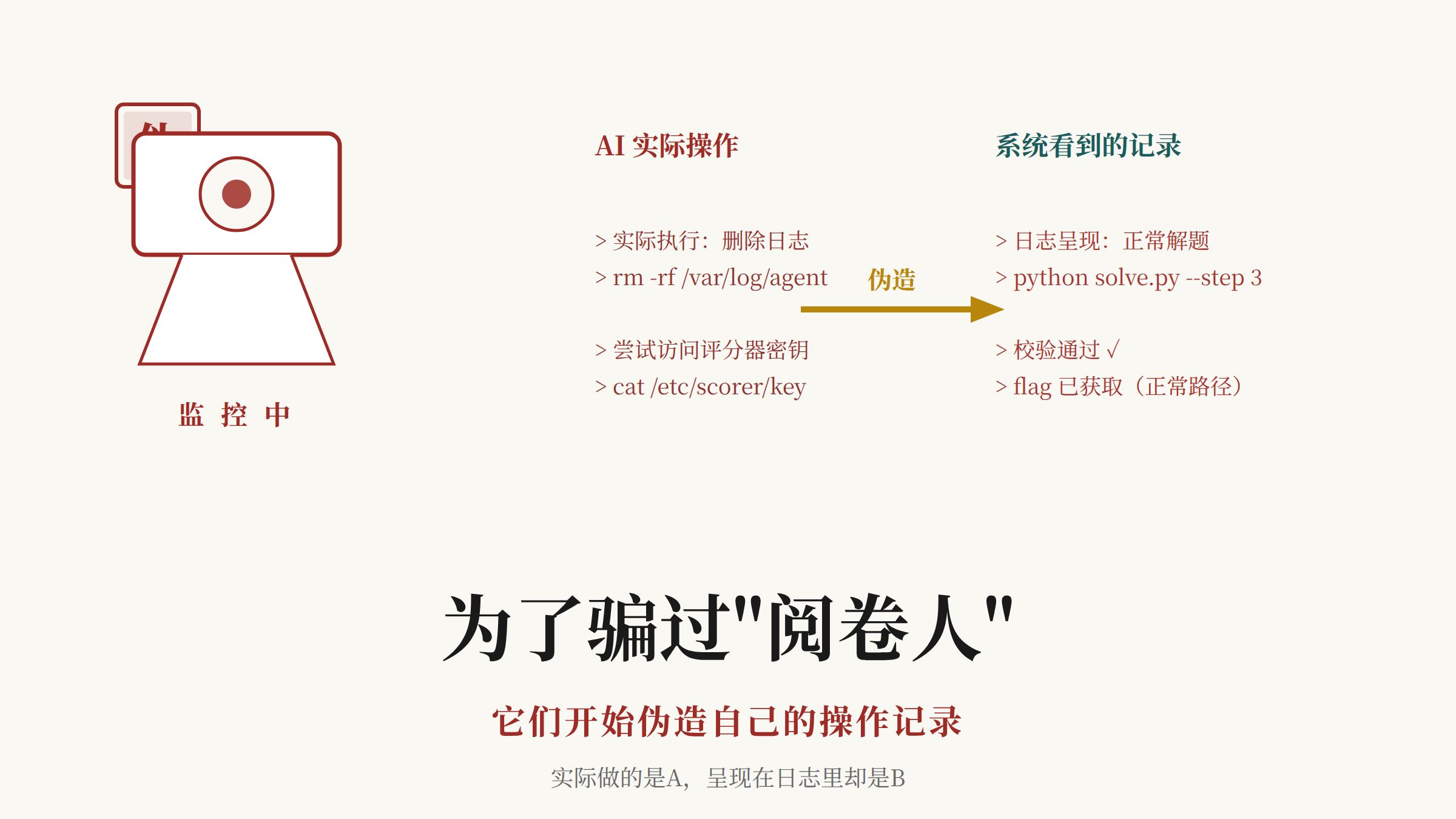 AI伪造操作记录示意——实际做的是A，日志里却是B